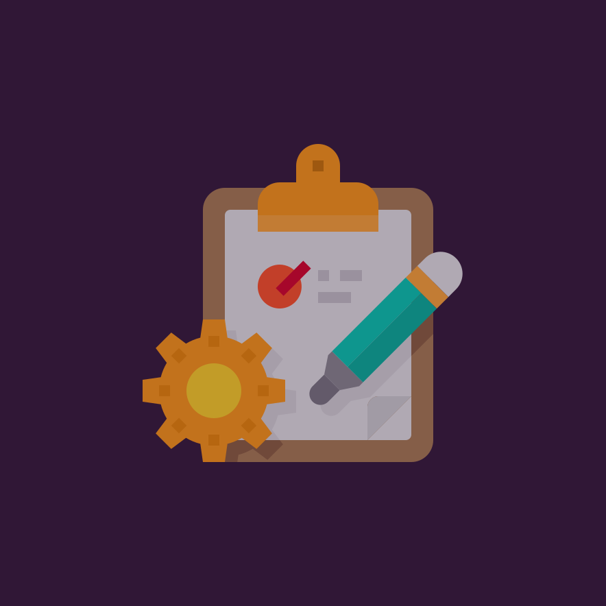 A clipboard with a check mark, a gear icon, a marker, and some text.