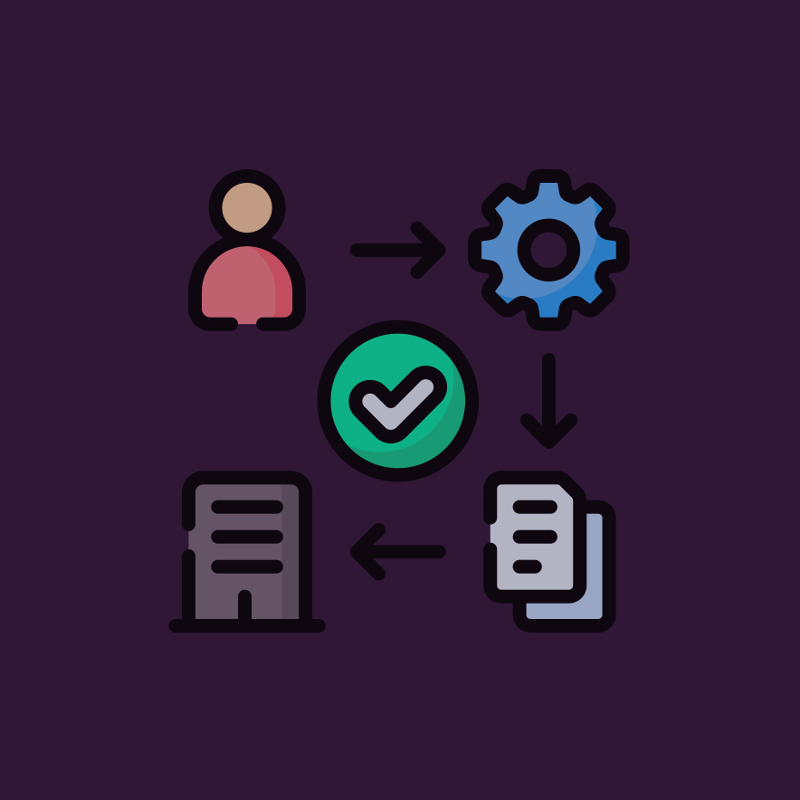 Icon illustrating a process flow with a person, gear, paper documents, and a building connected by arrows, centered around a checkmark.