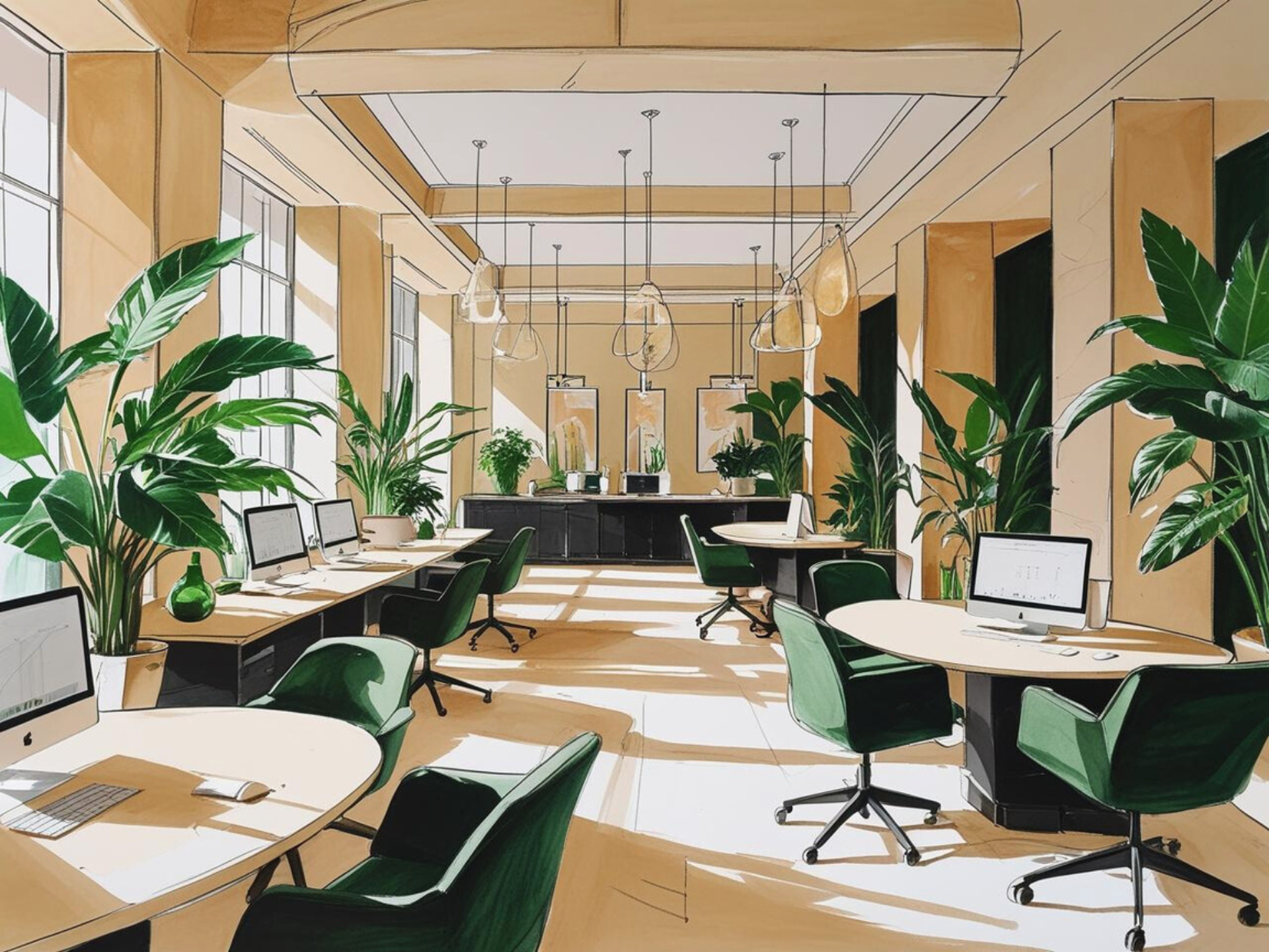 Sketch of a modern office with several desks, green and black chairs, desktop computers, large plants, and pendant lights, with sunlight streaming through large windows.