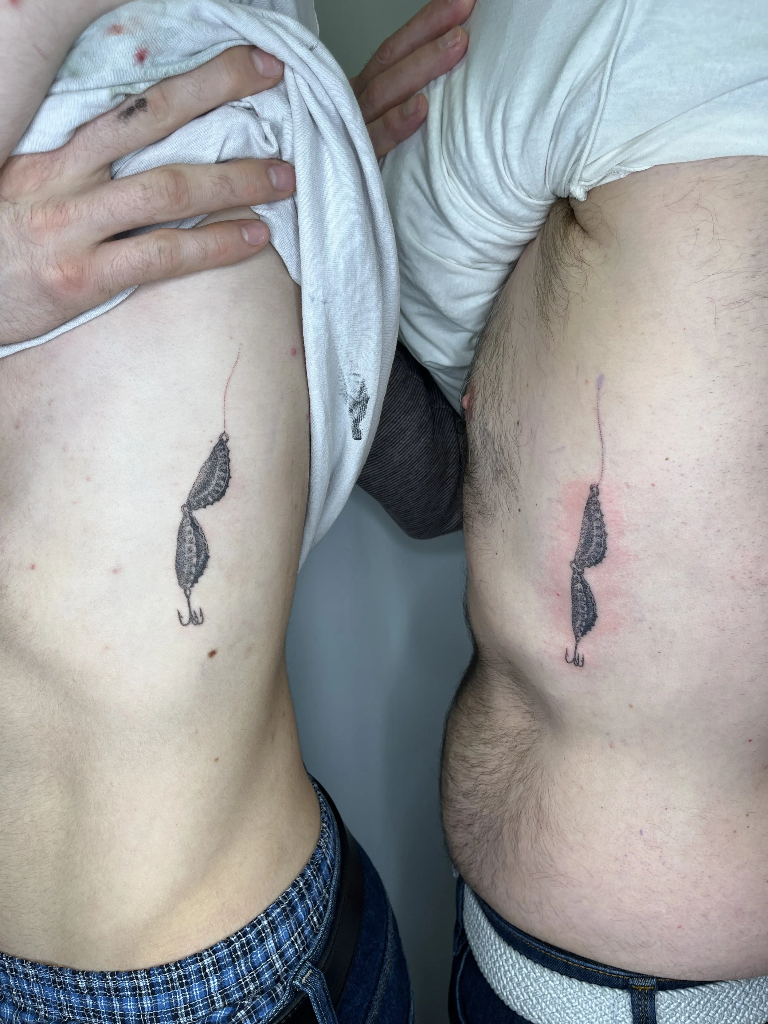 handpoke, matching on father + son,  3 hours each