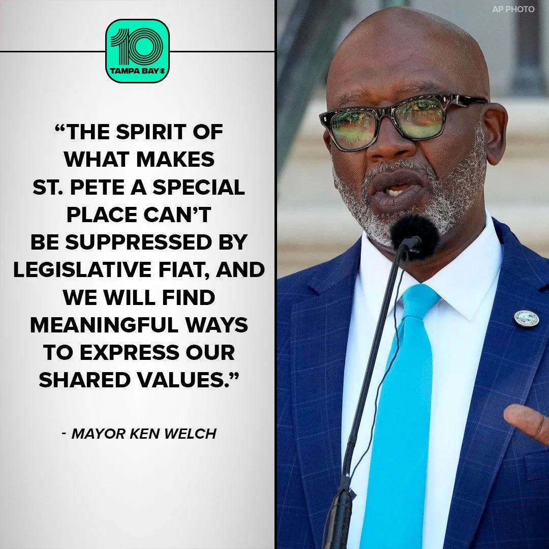 Quote from Mayor Ken Welch about St. Pete's spirit and shared values, with the Tampa Bay 10 logo at the top. The quote is displayed on a white background, and the image next to it shows Mayor Ken Welch speaking at an event, dressed in a blue suit, white shirt, turquoise tie, and wearing glasses.