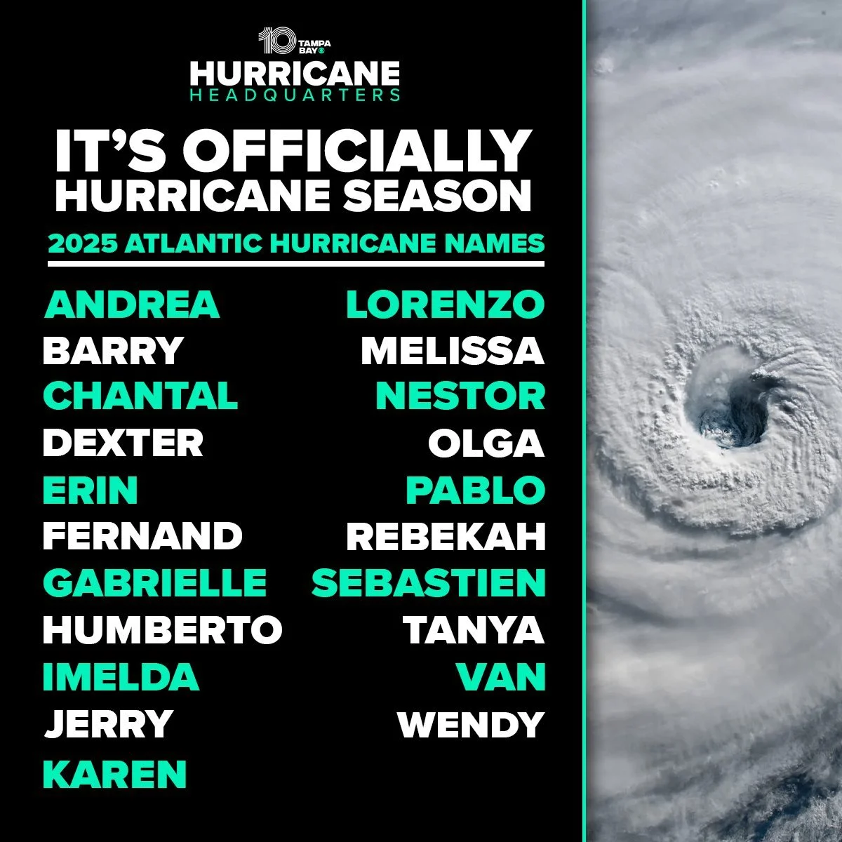 List of hurricane names for the 2025 Atlantic hurricane season, including Andrea, Barry, Chantal, Dexter, Erin, Fernand, Gabrielle, Humberto, Imelda, Jerry, Karen, Lorenzo, Melissa, Nestor, Olga, Pablo, Rebekah, Sebastian, Tanya, Van, and Wendy, with a satellite image of a hurricane on the right.