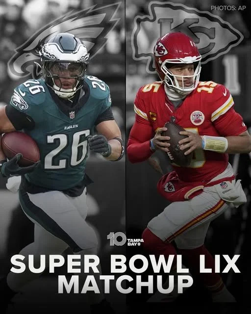 Side-by-side images of Philadelphia Eagles quarterback Jalen Hurts and Kansas City Chiefs quarterback Patrick Mahomes during the Super Bowl LIX matchup.