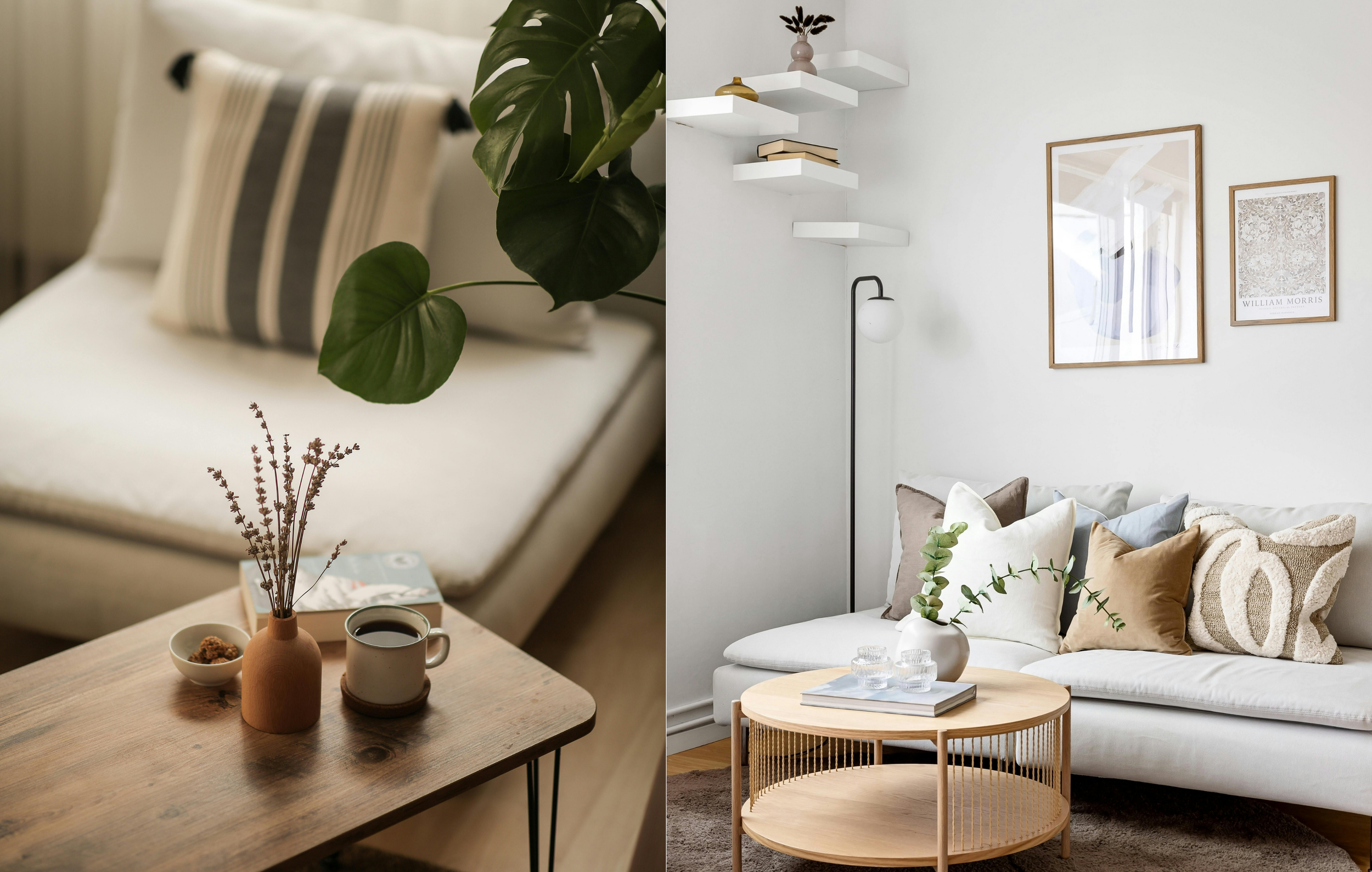 Split view of two living rooms. The left side features a beige couch with a striped pillow, a wooden table with a brown vase with green leaves, a cup of coffee, a bowl, and a magazine. The right side shows a white sofa with assorted pillows, a small 