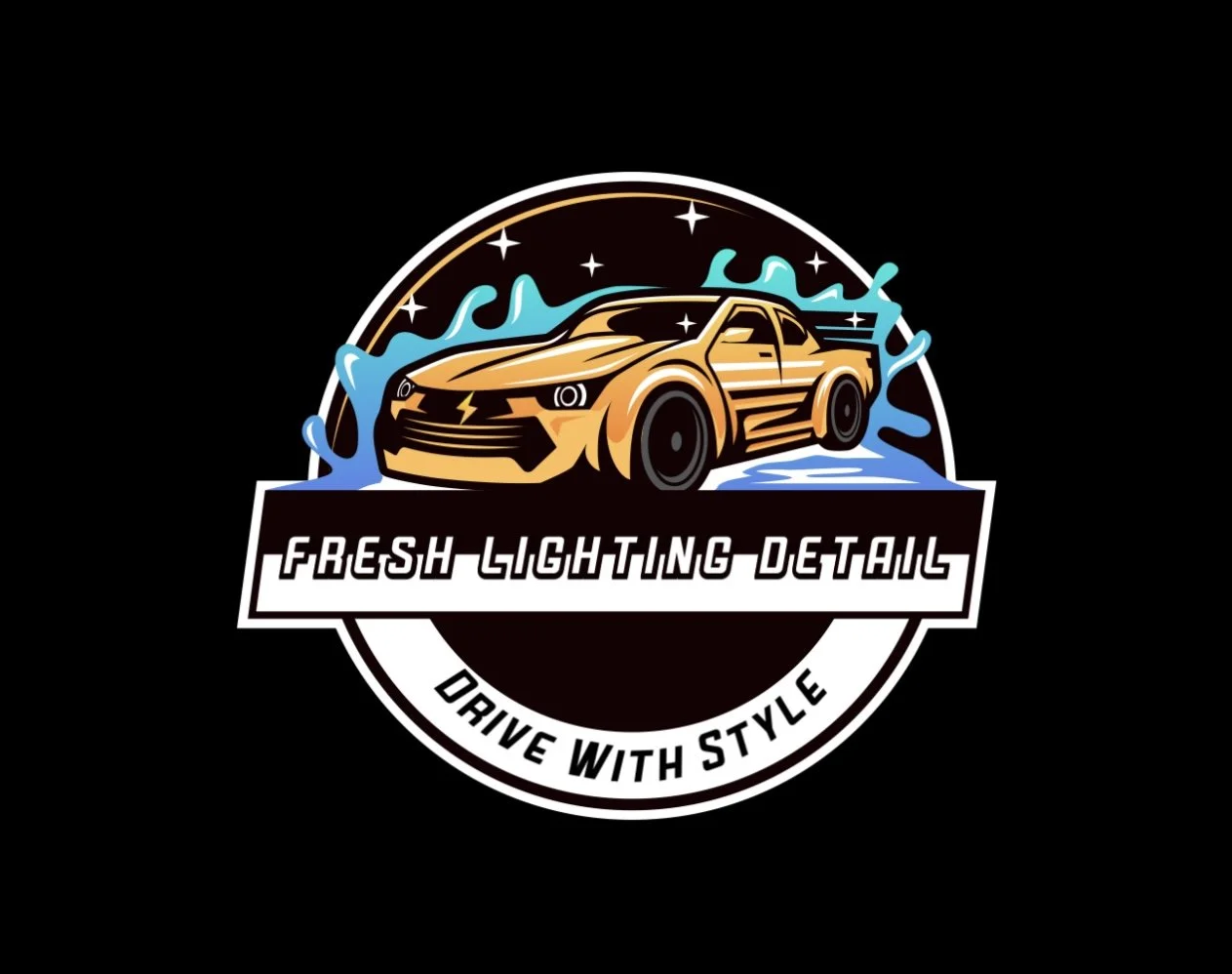 A logo featuring a gold sports car with water splash graphics and the text 'Fresh Lighting Detail' and 'Drive With Style' on a black background.