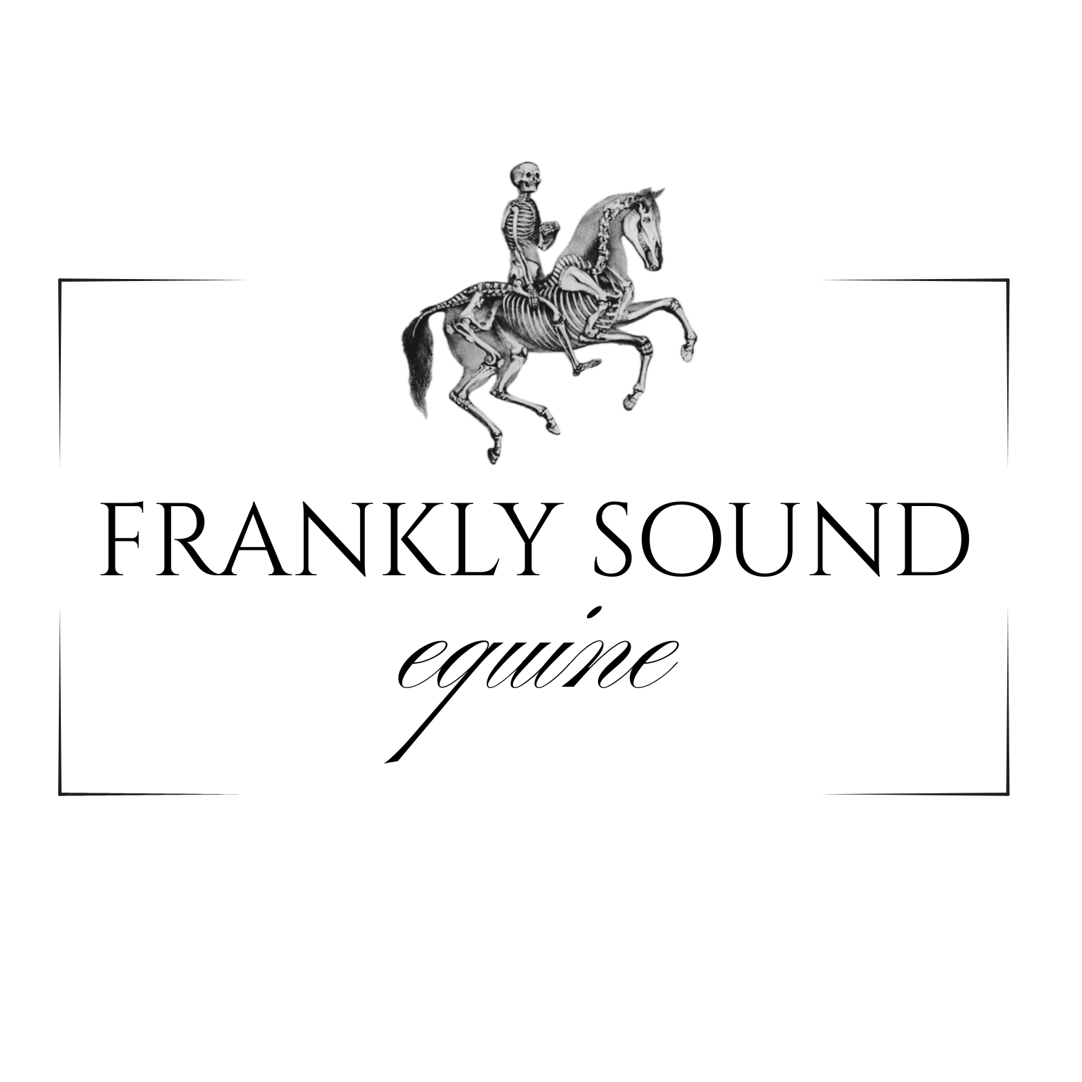 Black and white illustration of a skeleton riding a horse.