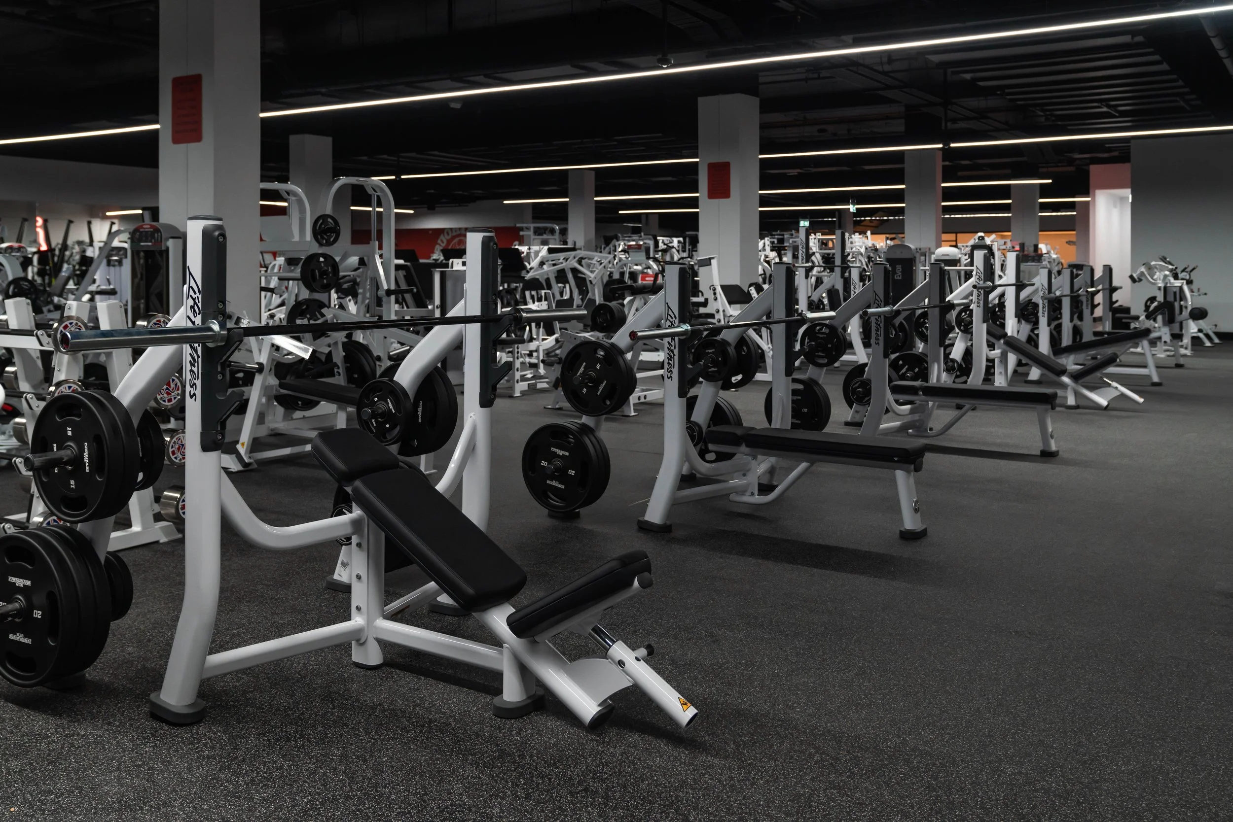 gym with various weightlifting equipment and benches, dim lighting, and a modern industrial design.