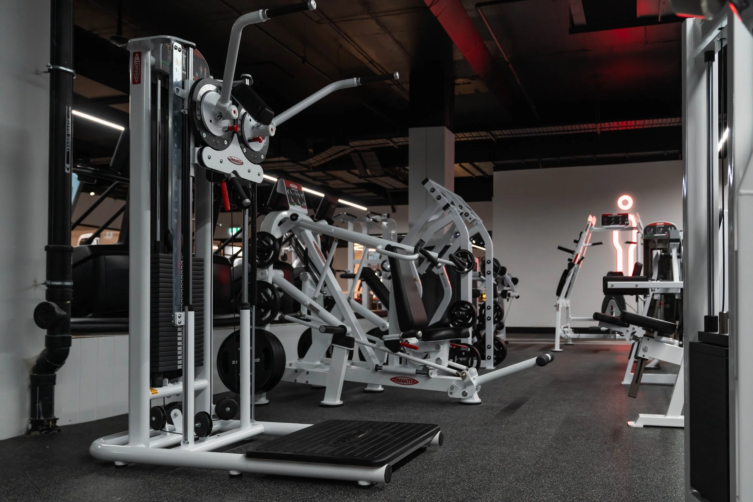 gym with various workout machines including a leg press, seated leg curl, and other strength training equipment, illuminated by modern lighting.
