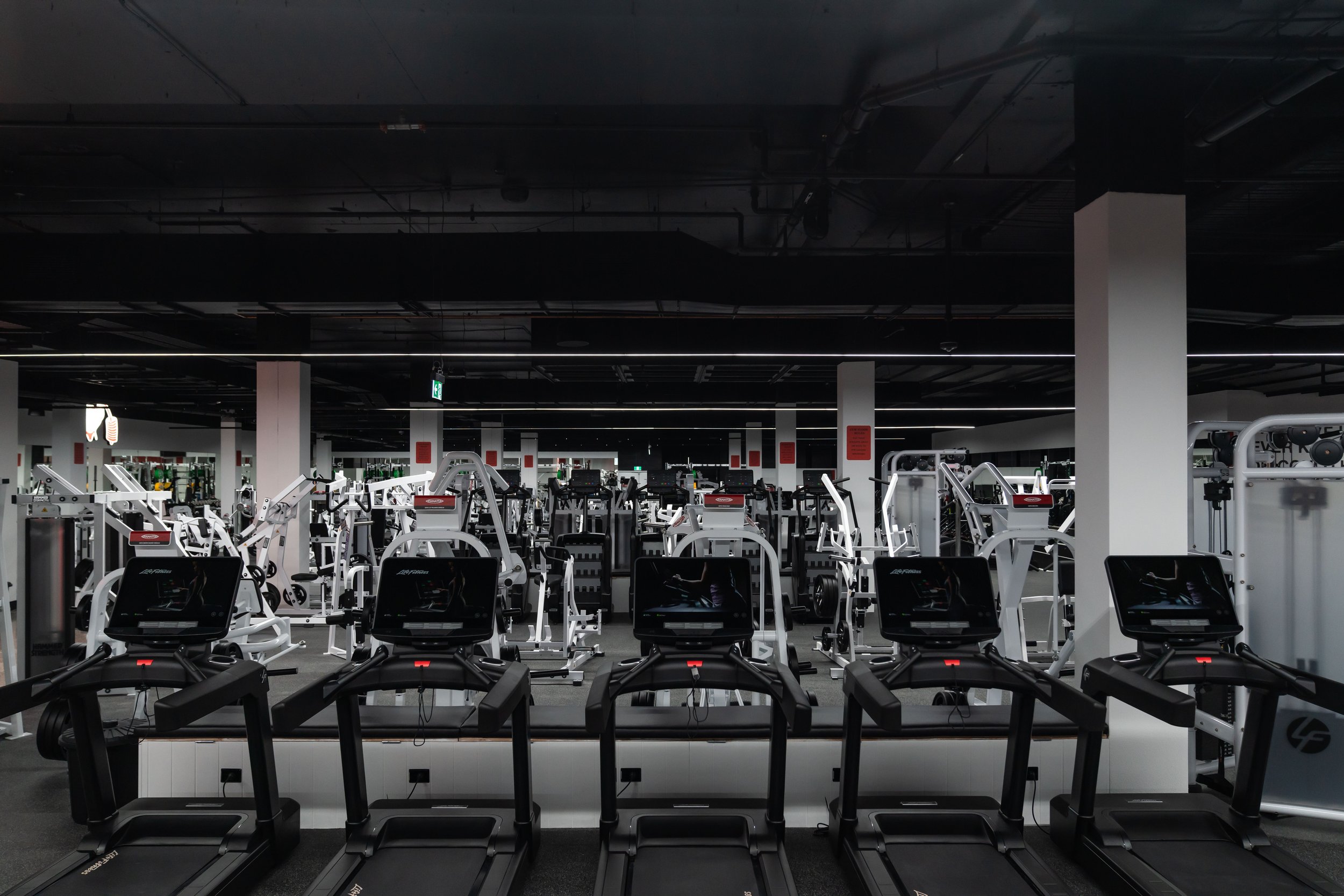 gym with treadmills in foreground and weight machines in background.