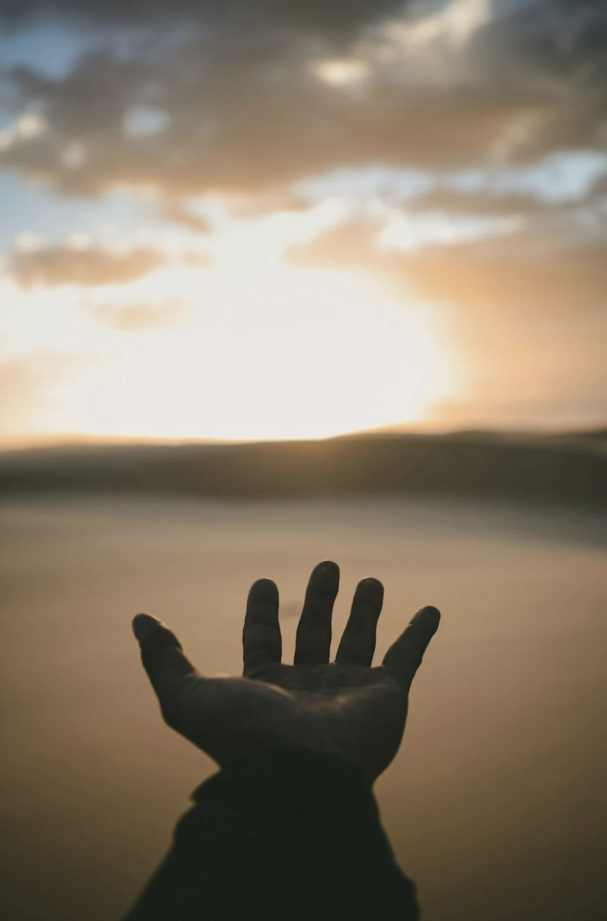 A silhouette of a hand reaching out over a body of water at sunset or sunrise with the sky and clouds illuminated in warm colors.