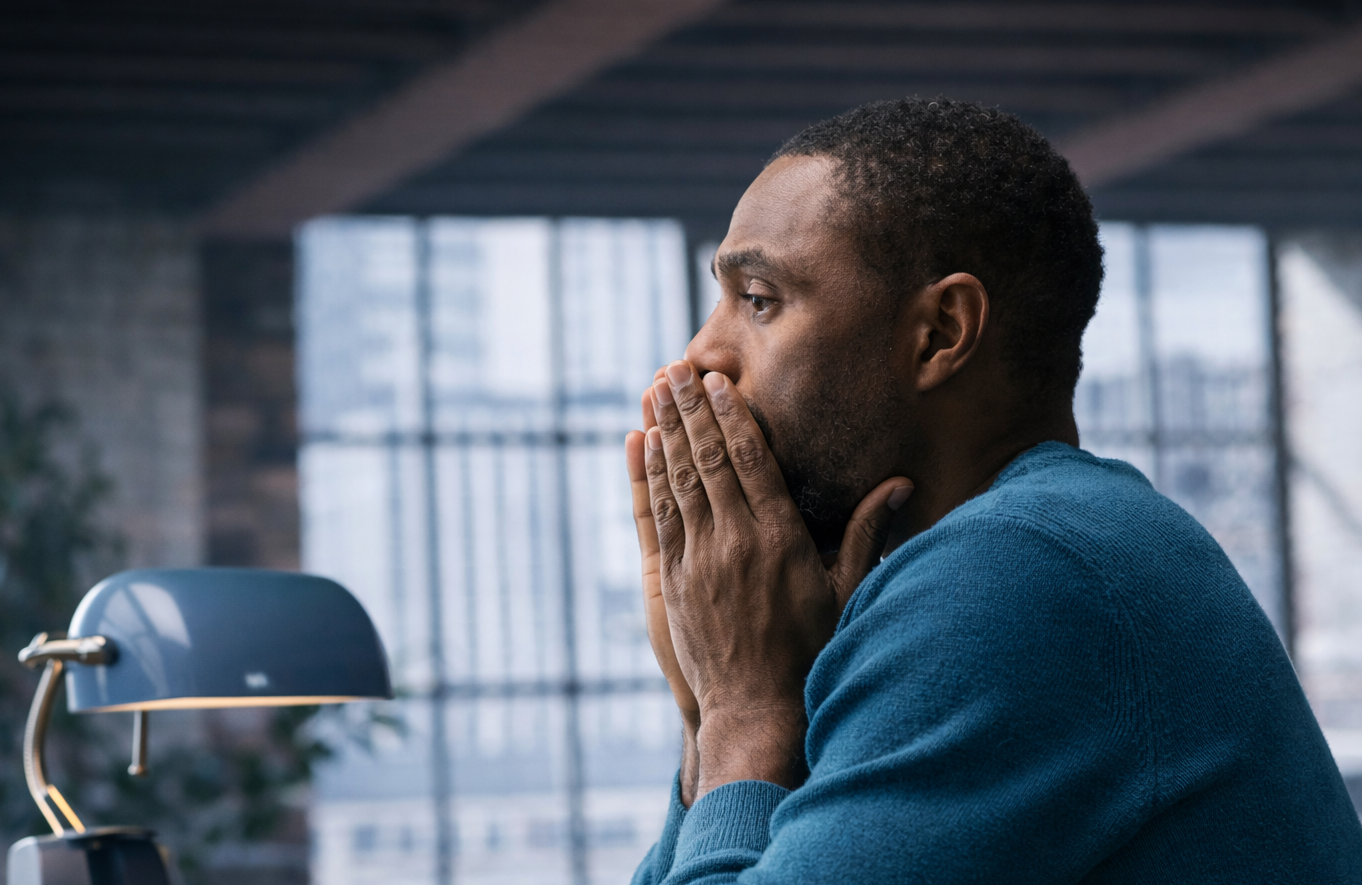 Man sitting by a window with his hands near his face