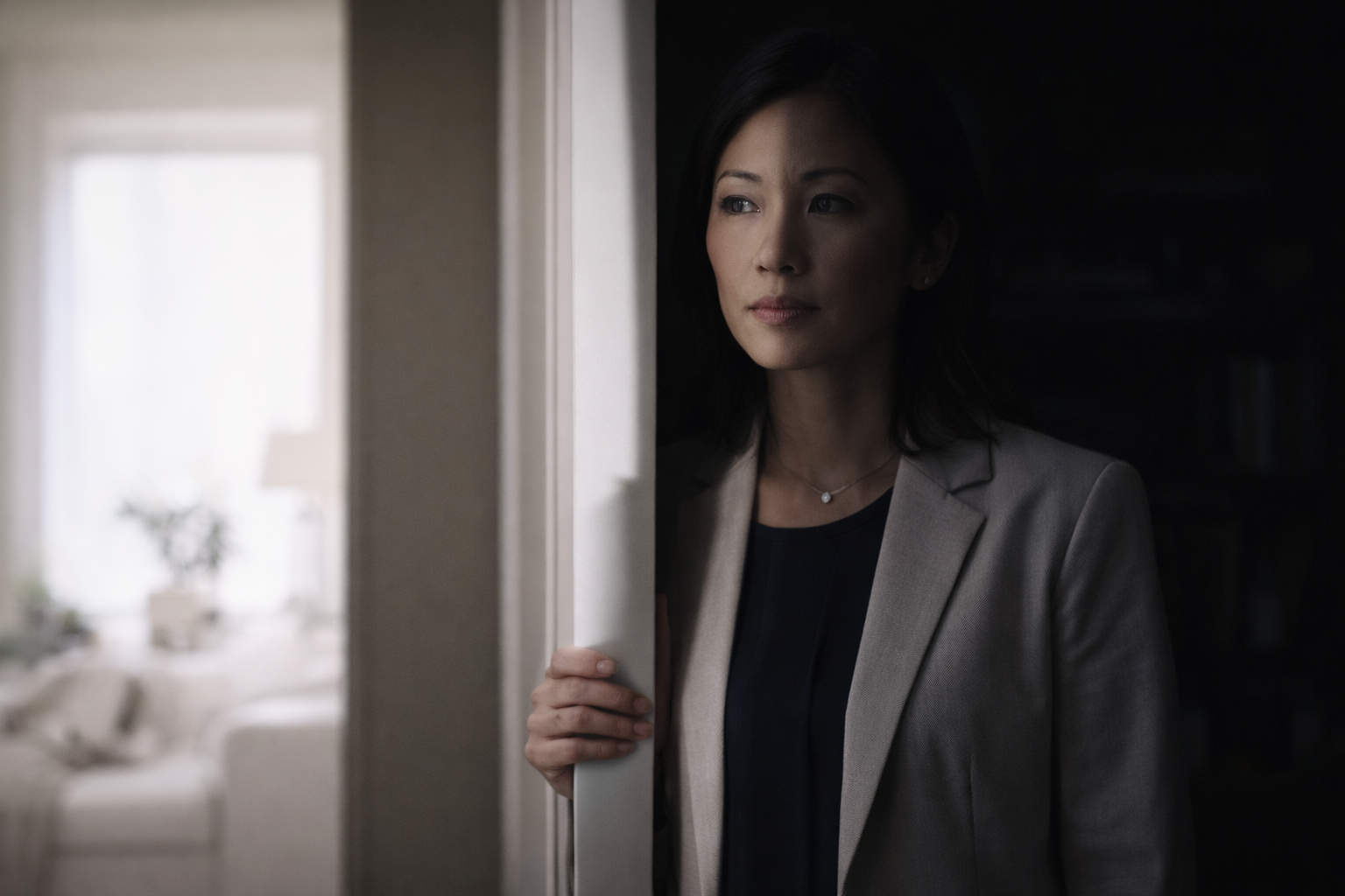 Woman standing near a doorway, looking ahead