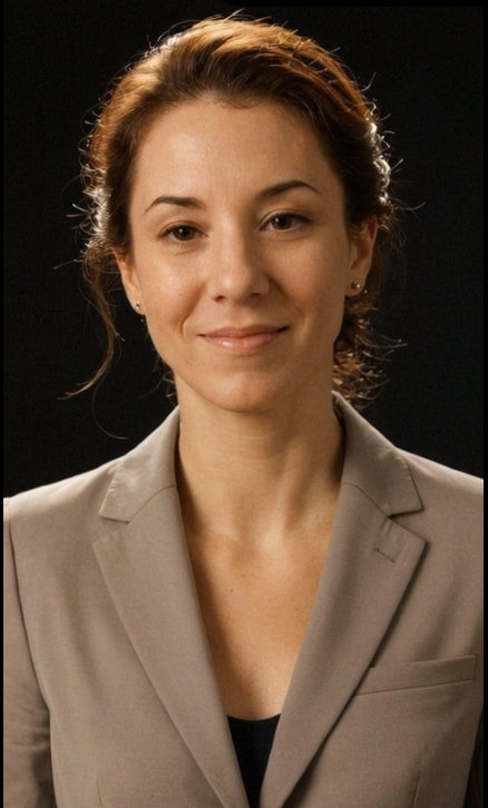 Professional woman with brown hair tied back, wearing a beige blazer with a black shirt underneath, smiling softly against a dark background.
