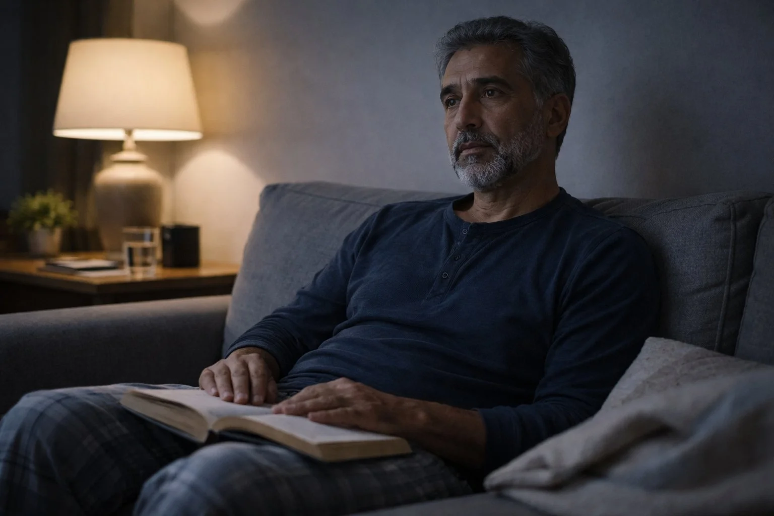 An older man with gray hair and a beard sitting on a gray sofa, holding an open book. He appears to be deep in thought, with a lamp and a side table with a glass of water behind him in a dimly lit living room.