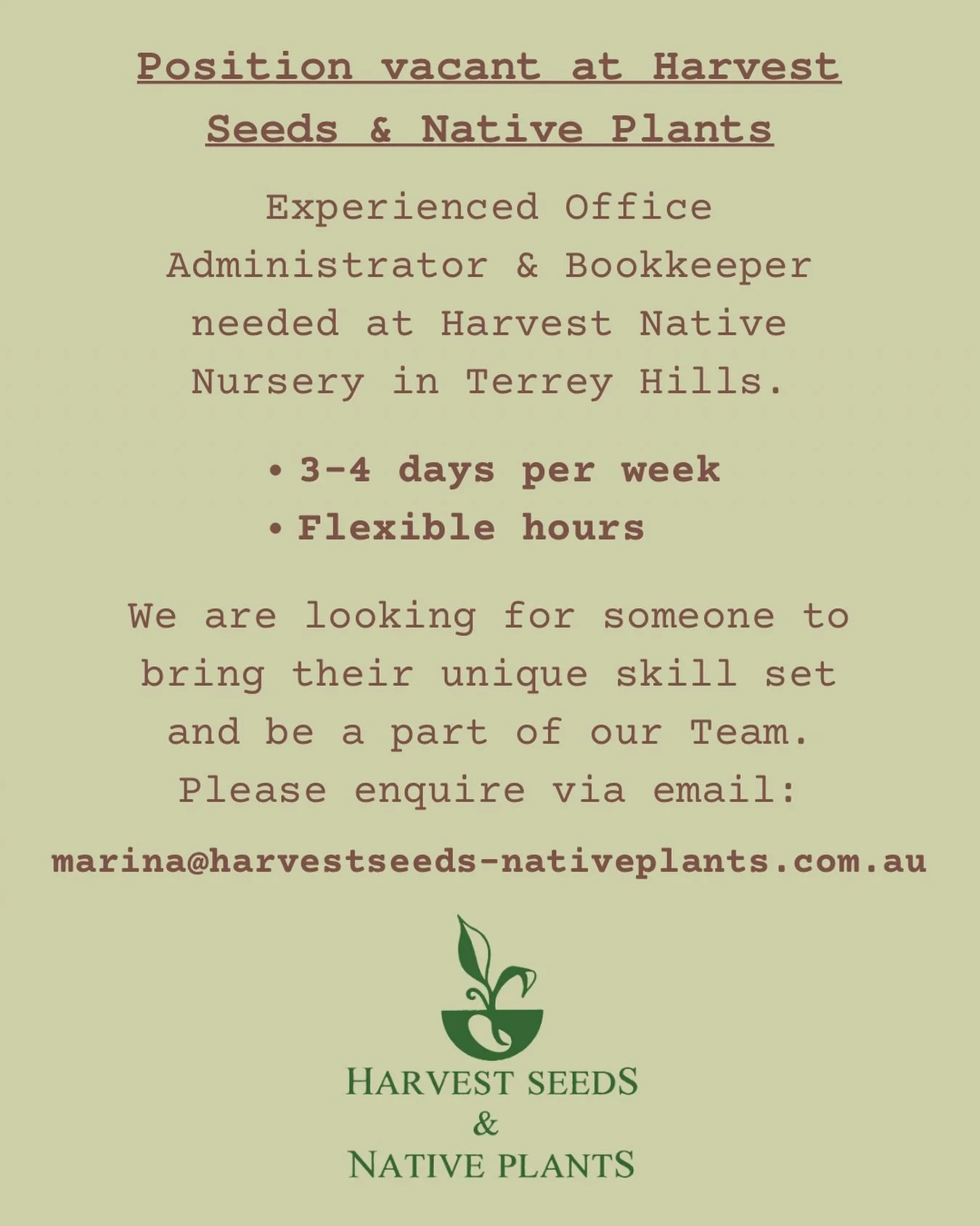 Position vacant at Harvest. #nursey #work