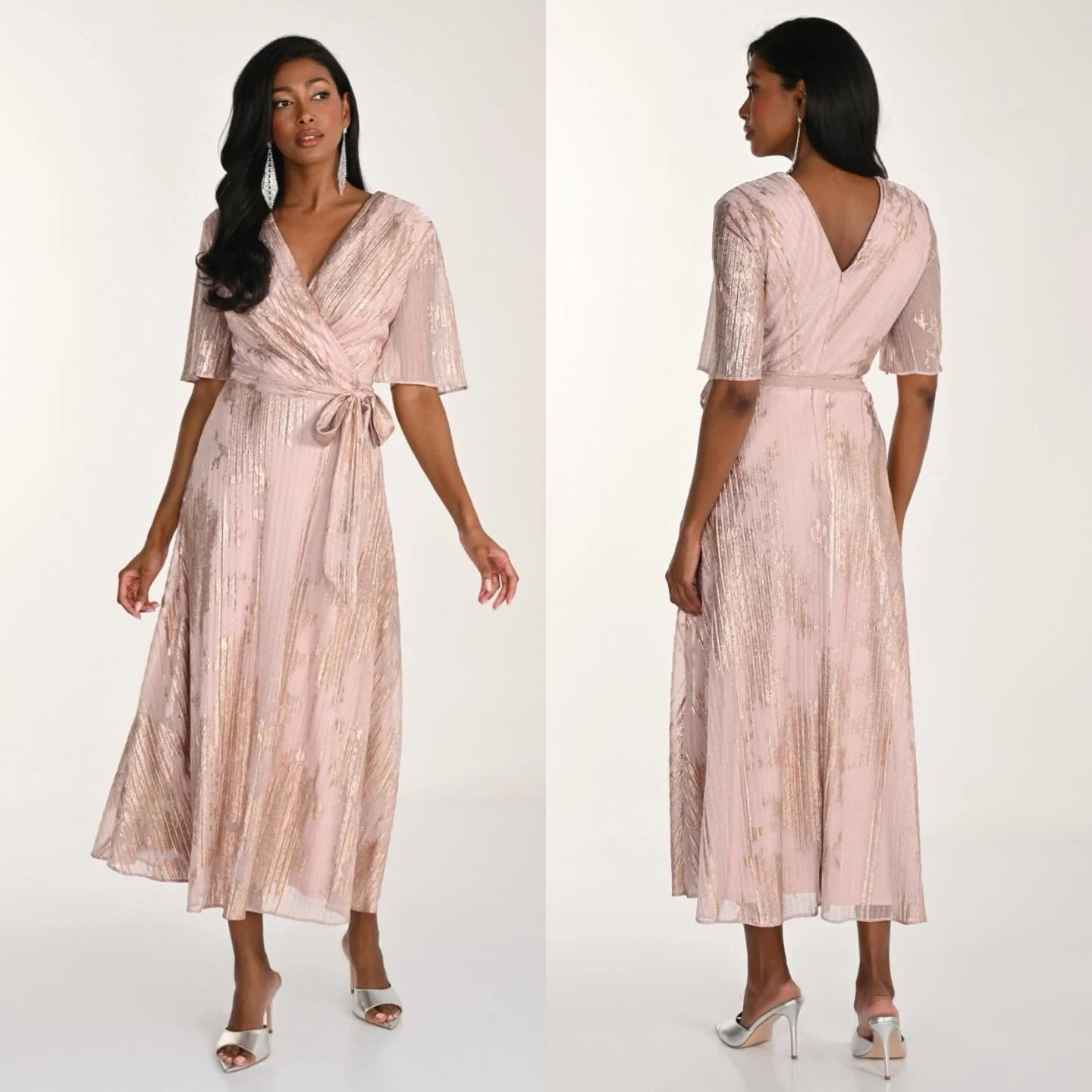 Cocktail or Formal, this beautiful dress could pass for either dress code! A mock wrap style in the lightest of soft fabrics, this pretty rose gold dress is ideal for functions over the hot months!💕 
#rosegolddress #formalwear #formaldresses #weddin