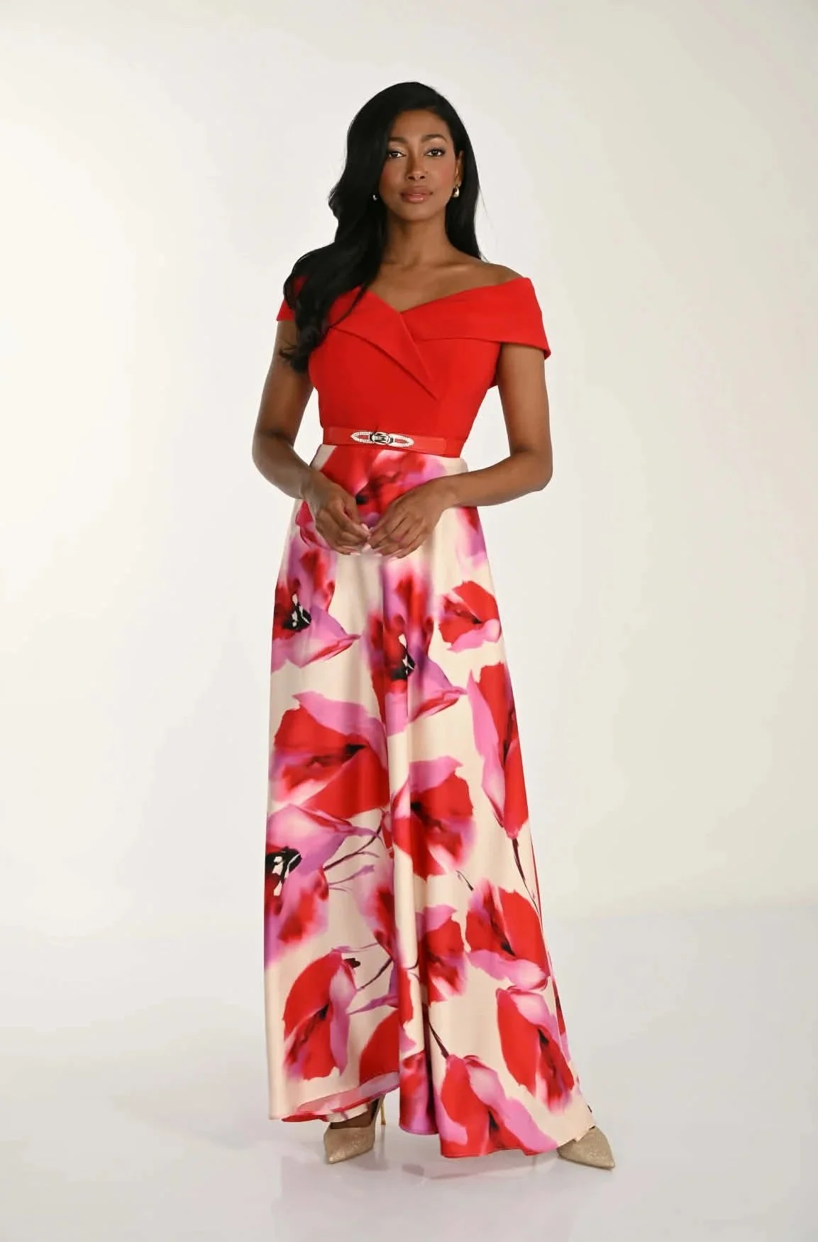 Frank Lyman off-shoulder red print gown