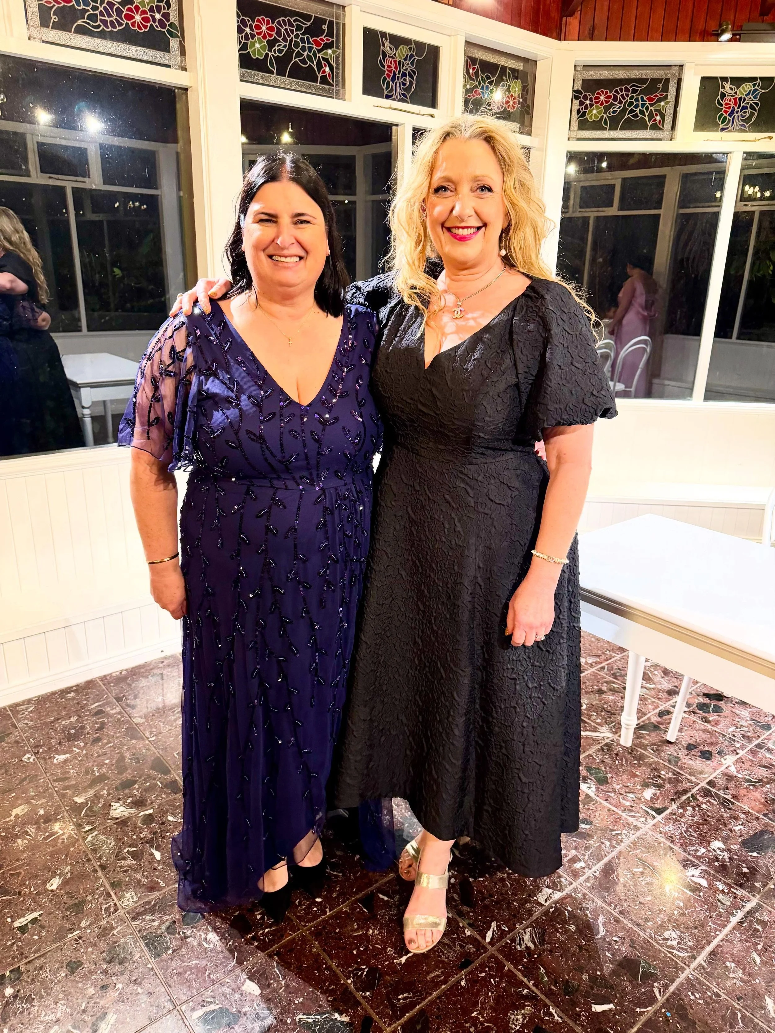 When the invitation says Formal dress code, choose midi to full length dresses or evening gowns, in elevated fabrics! Here are Sisters-in-law Janice and Melissa dressed by Ritz for a formal wedding last weekend!💕Mel wearing Trellis Lane, and Janice 