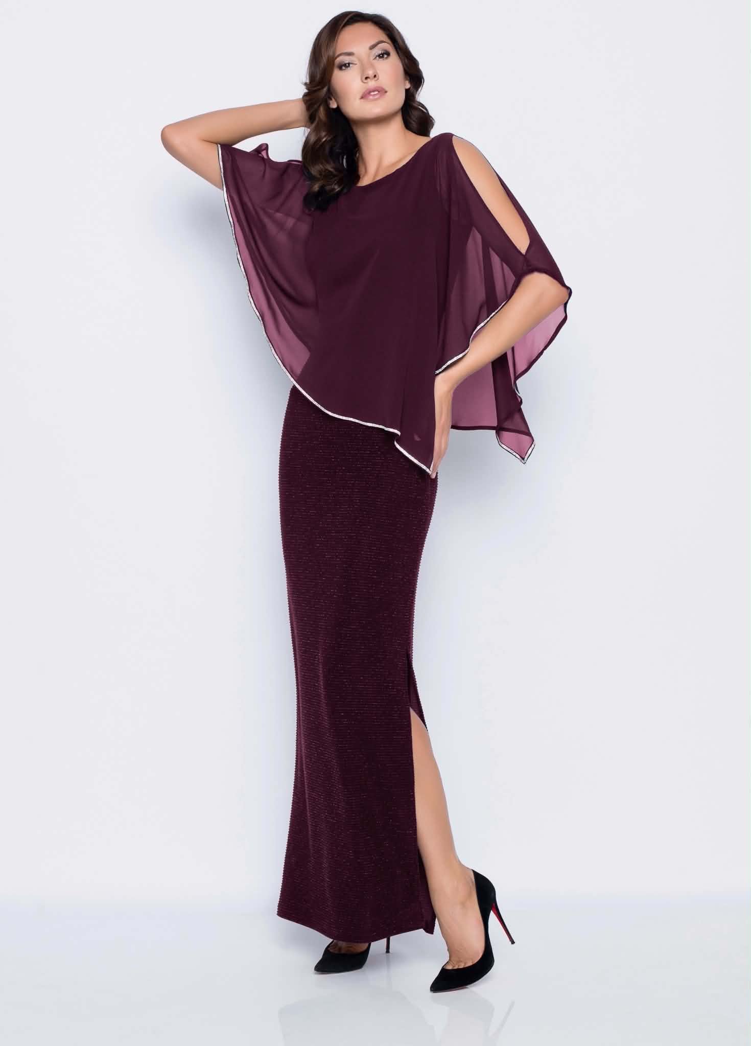 Frank Lyman Wine overlay gown
