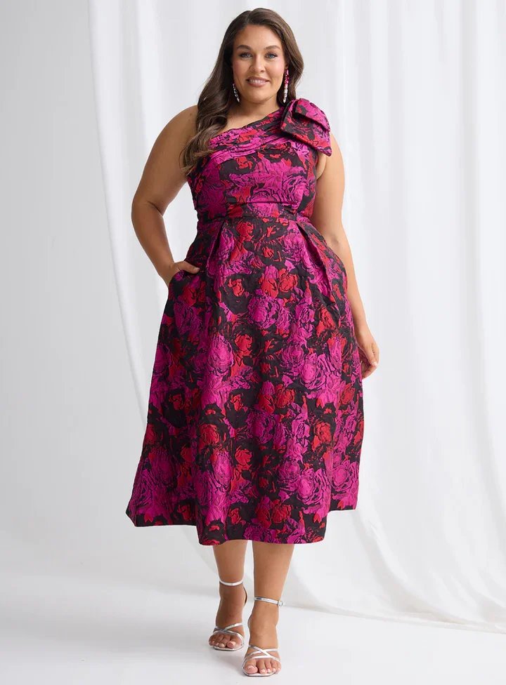 Trellis Lane One shoulder pink print jacquard gown