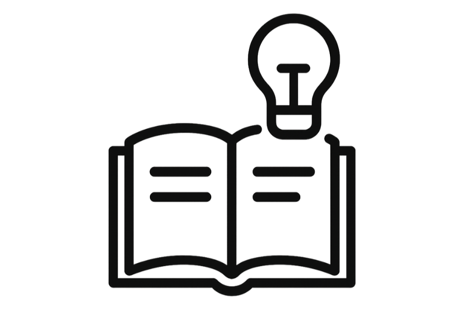 Line drawing of an open book with a light bulb above it, representing ideas or learning.