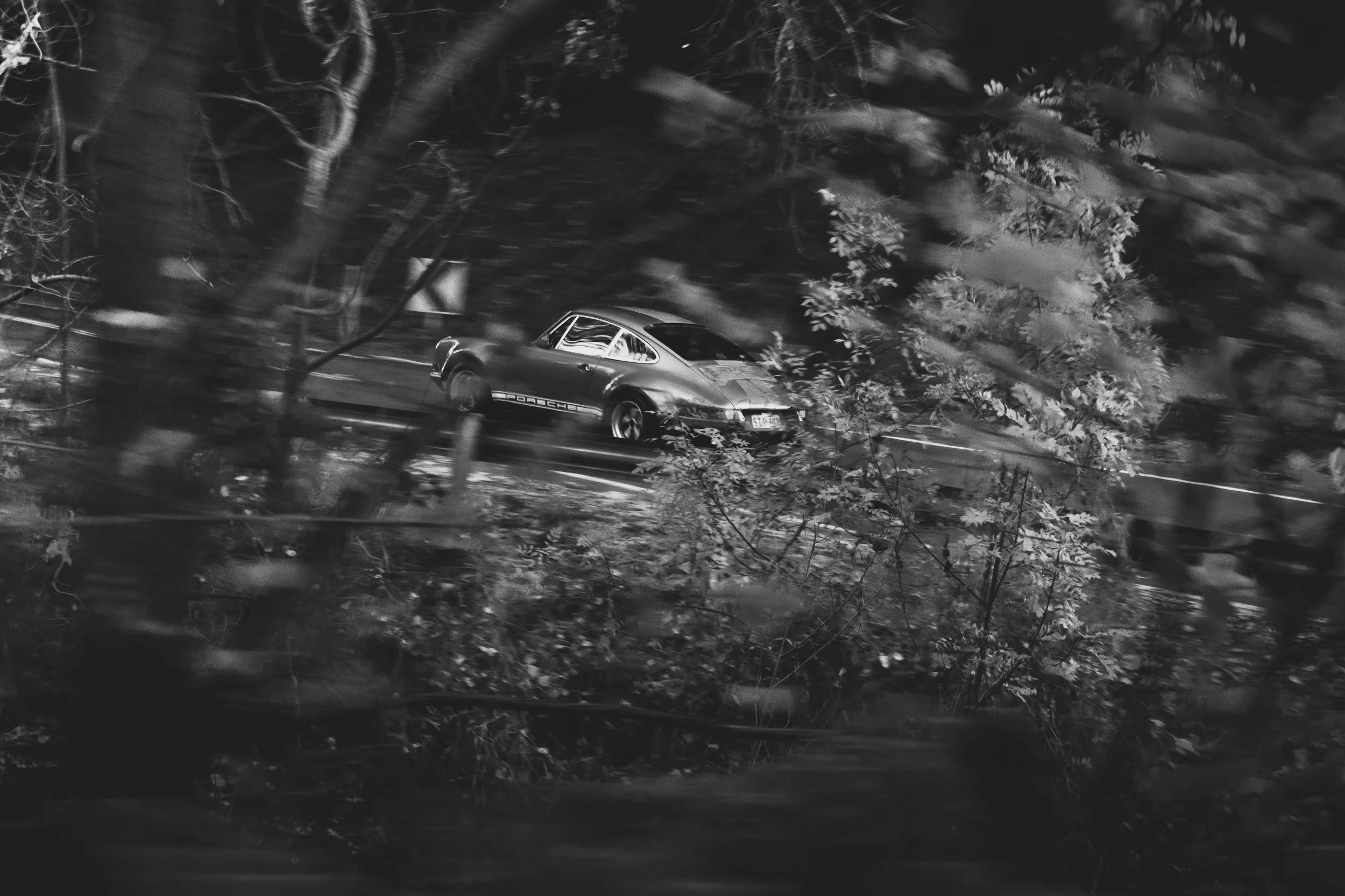 A black and white photo of a vintage Porsche car driving at night, partially obscured by trees and branches.