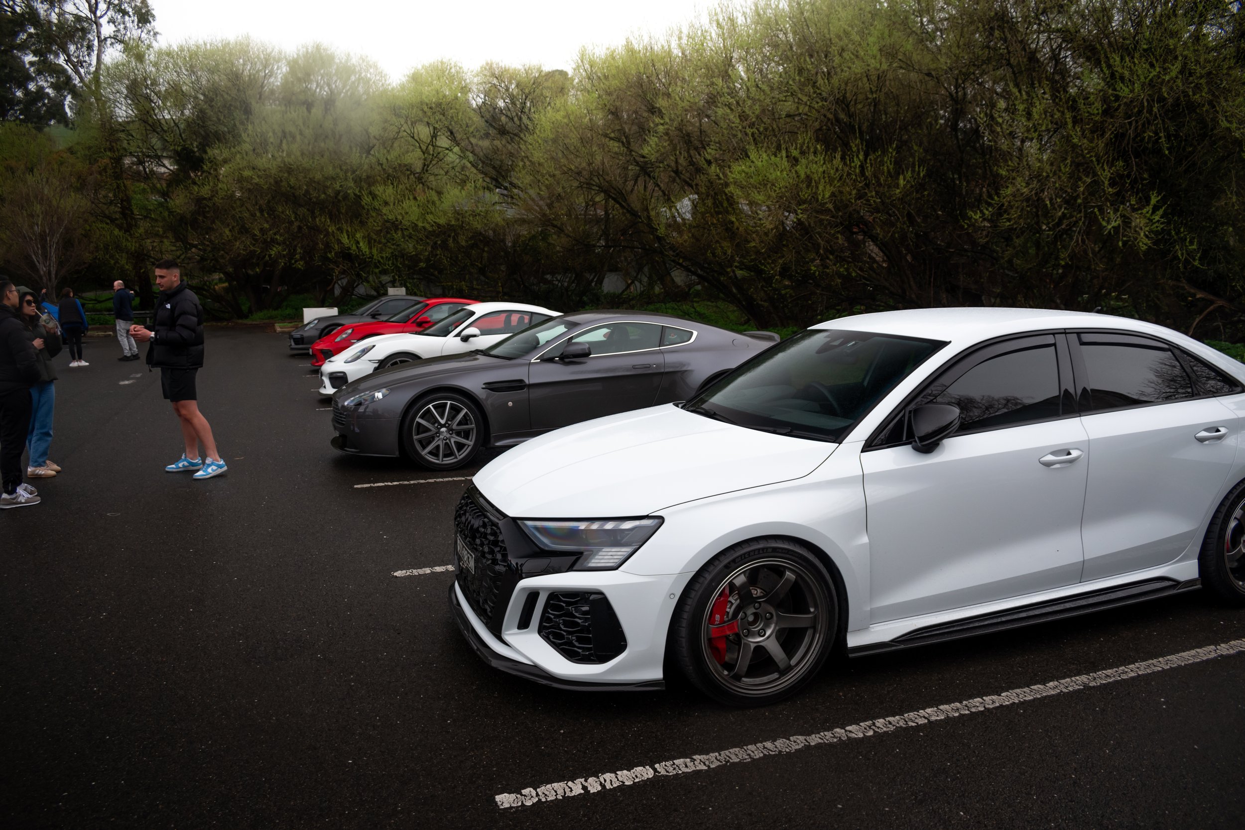 A lineup of luxury cars, including an Audi and several Porsche models, parked in a lot with a small group of people standing nearby against a background of leafy trees.
