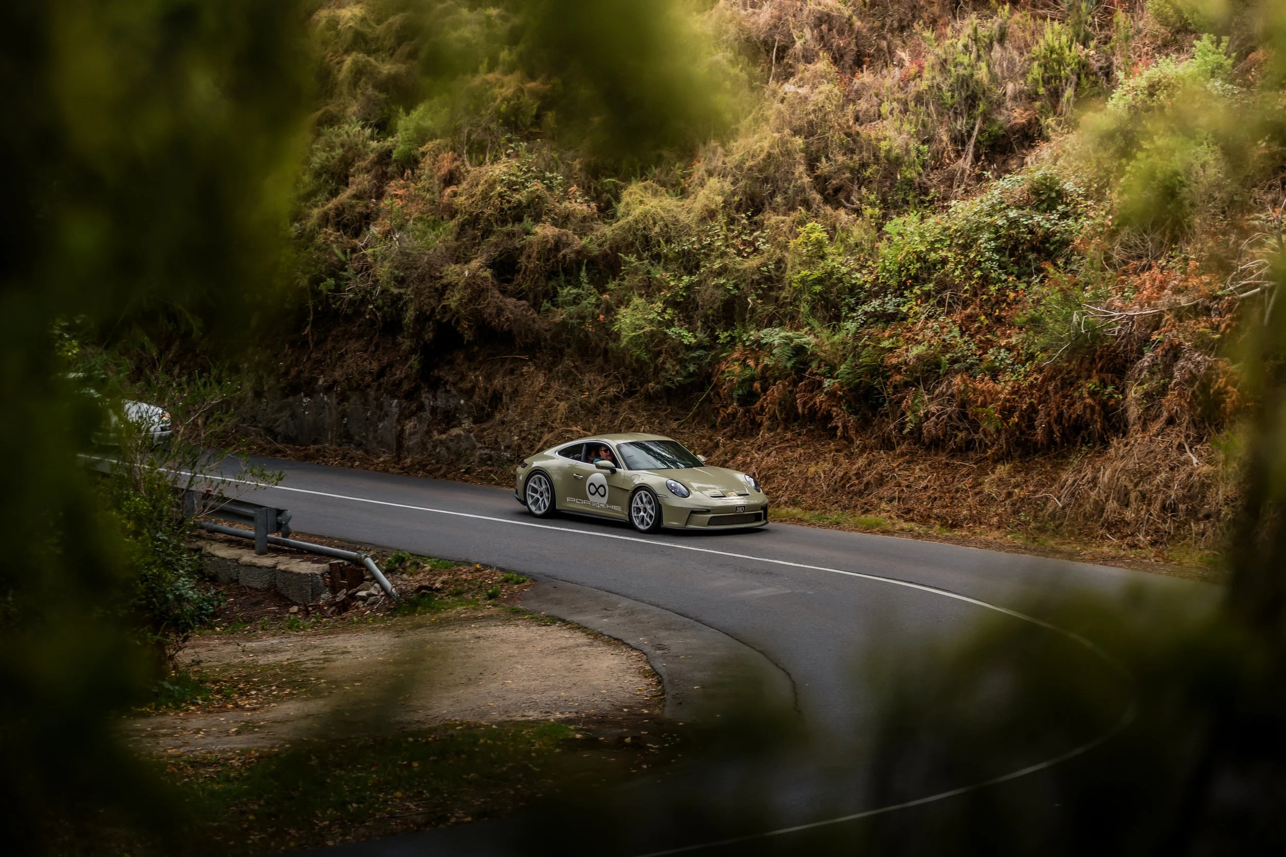A beige Porsche sports car driving on a winding mountain road surrounded by trees and foliage, partially obscured by blurred leaves in the foreground.