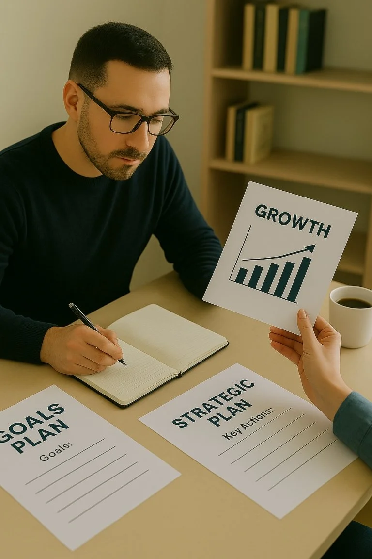 Entrepreneur gaining clarity and focus through business coaching, reviewing strategic plans at a desk.