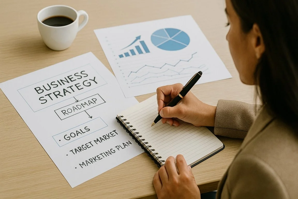 Entrepreneur creating a business strategy roadmap with charts and planning notes during a coaching session.