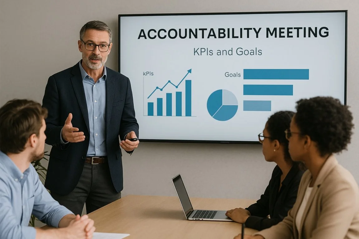 Business coach leading a team accountability meeting with KPIs and goals displayed on a presentation screen.