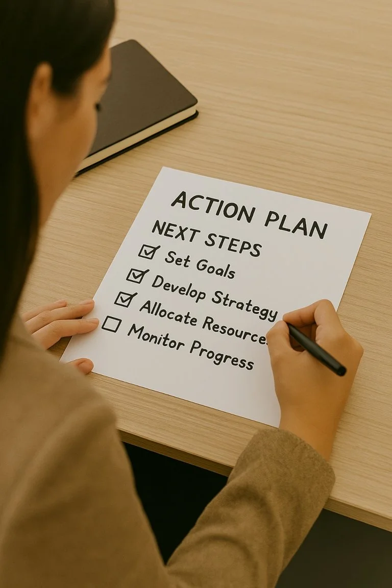 Business owner writing an action plan and checking off next steps after their first business coaching session.