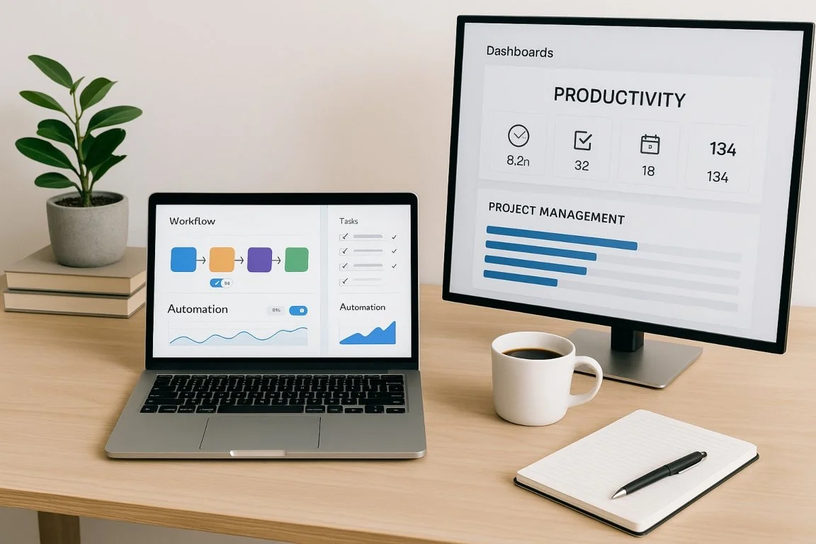 Modern workspace with productivity tools and automation dashboards representing business systems created through coaching.