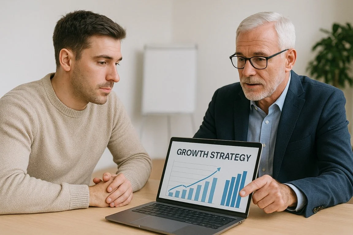 Business coach and entrepreneur reviewing growth strategy on a laptop during a coaching session in 2025.