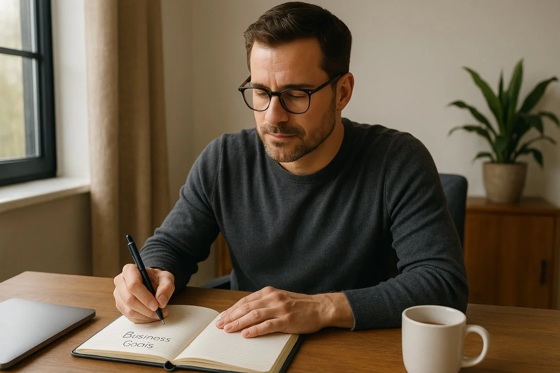 Entrepreneur writing business goals and insights in a notebook during a reflective coaching moment.
