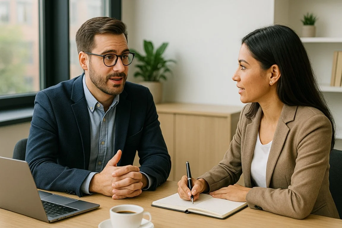 Business coach and entrepreneur discussing goals during their first coaching session in a professional office setting.