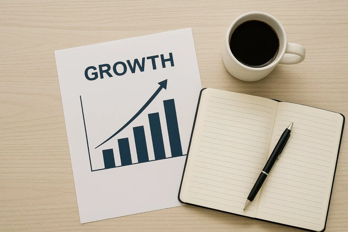 Business coaching concept image showing growth chart and planning tools representing business clarity and development