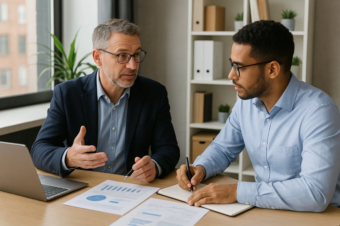 Business coach guiding an entrepreneur through strategy planning during a coaching session in a modern office.