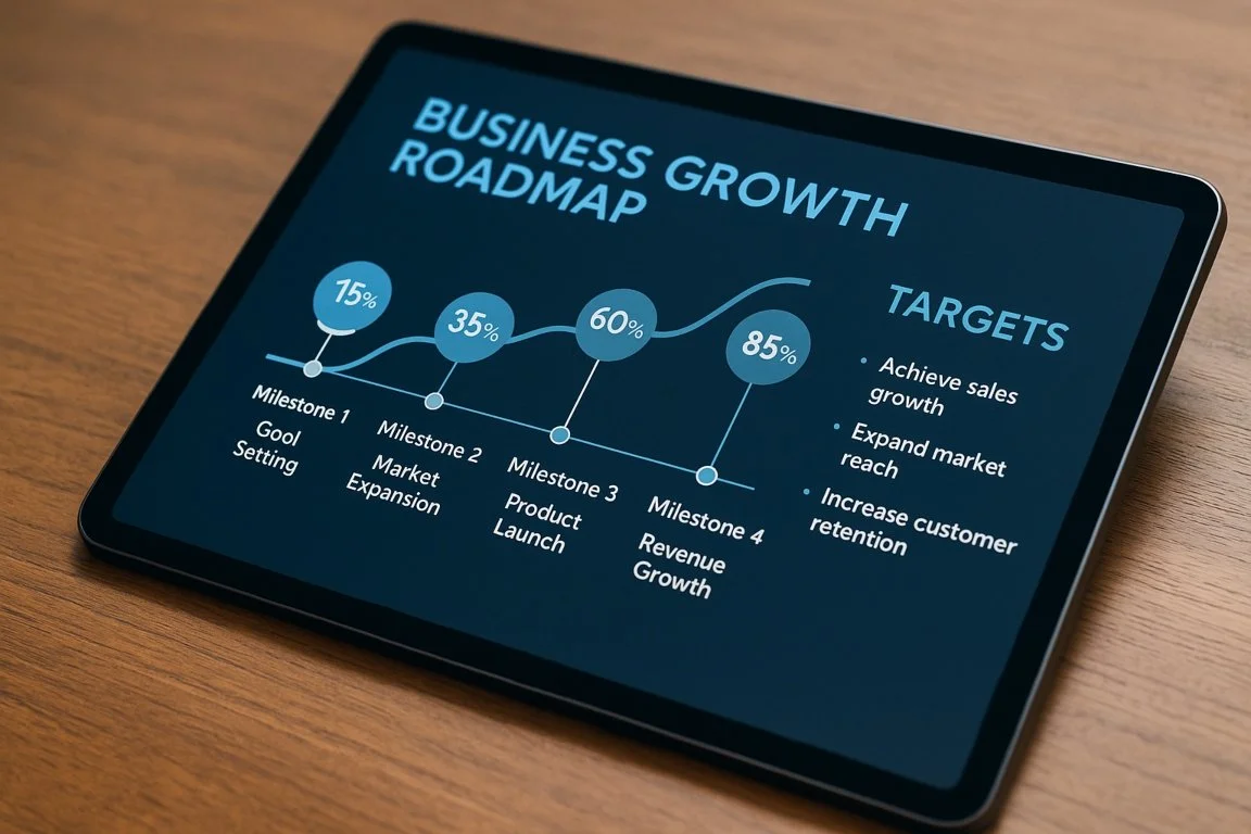 Digital business growth roadmap displayed on a tablet with clear milestones and strategic targets highlighted.