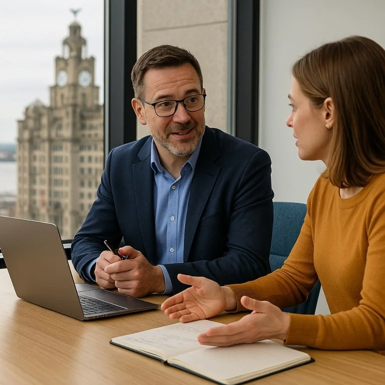 Liverpool business coach discussing strategy and goals with a client during a business coaching session.