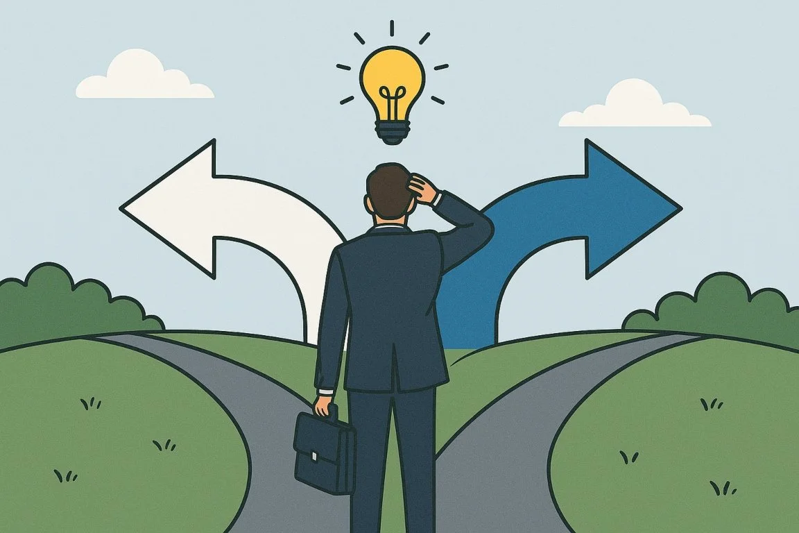 Illustration of a businessperson choosing the right path, symbolizing selecting the best business coach for company growth.