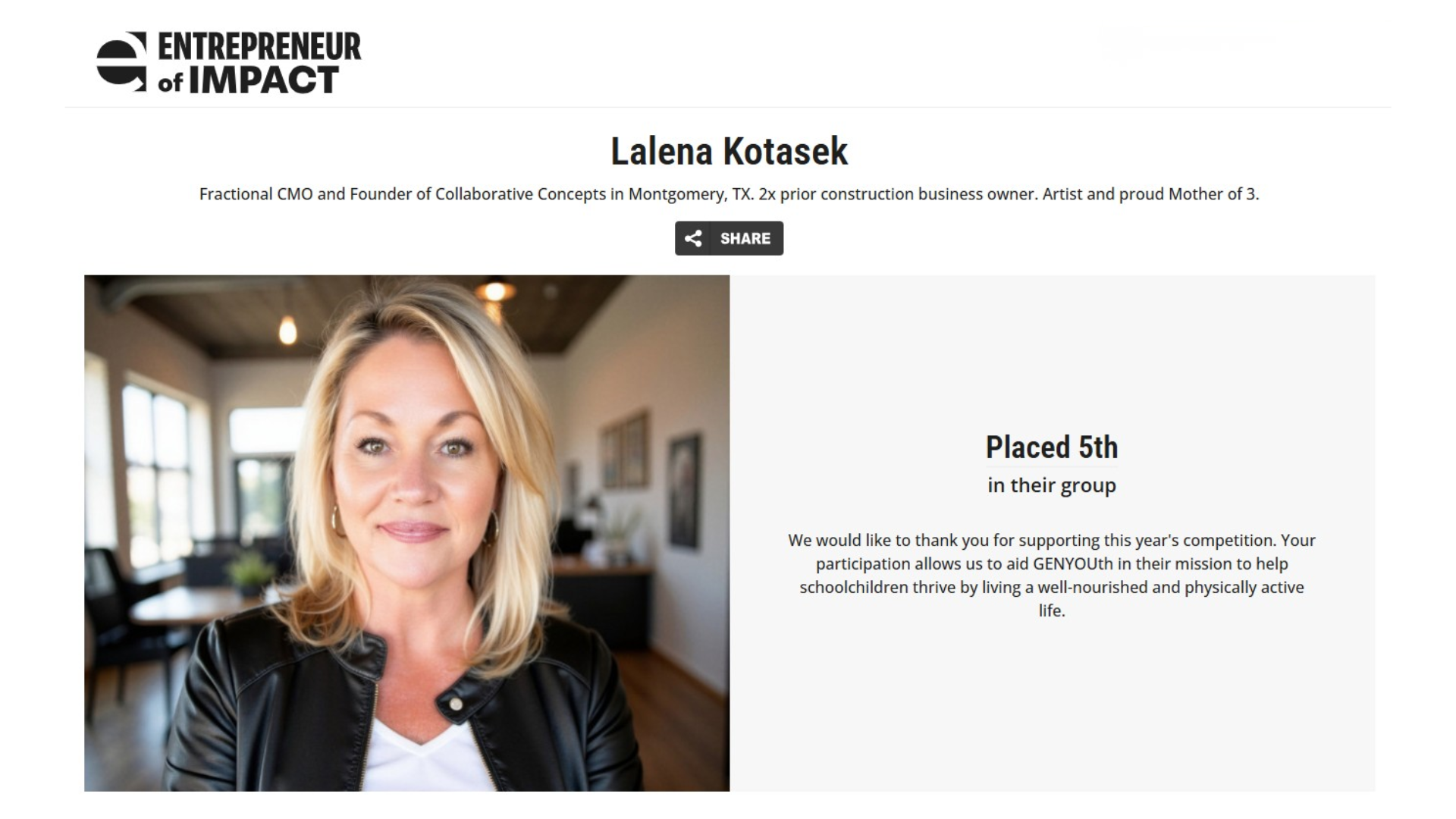 Lalena “Lily” Kotasek Earns Top 5 Finish in National Entrepreneur of Impact Competition