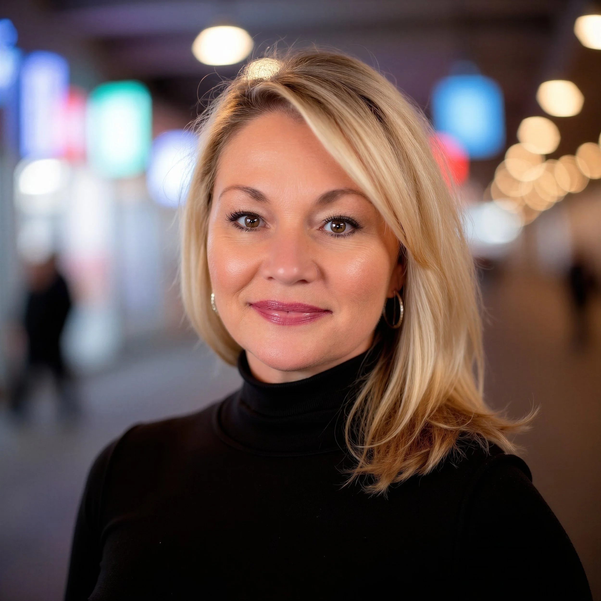 A woman with blonde hair and earrings, wearing a black turtleneck, standing in an indoor public space with blurred colorful lights in the background.