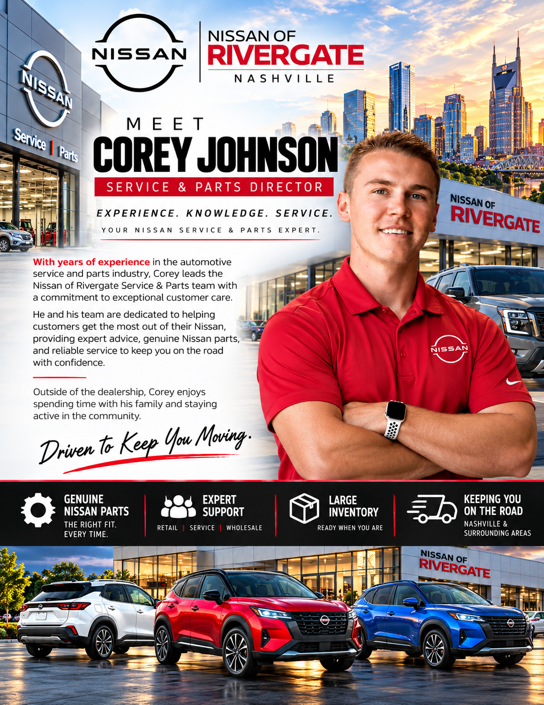 Meet Corey Johnson — Service & Parts Director and service expert at Nissan of Rivergate in Madison, Nashville TN — campaign graphic by Collaborative Concepts Marketing