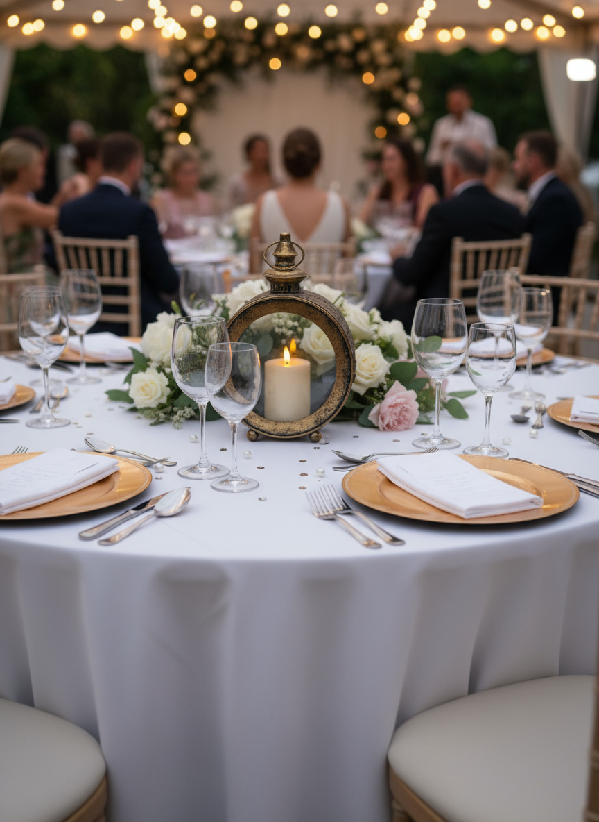 Elegant outdoor wedding reception table with white tablecloth, gold chargers, white napkins, multiple glasses, and silverware, decorated with a lit candle, flowers, and greenery, with blurred guests and string lights in the background.