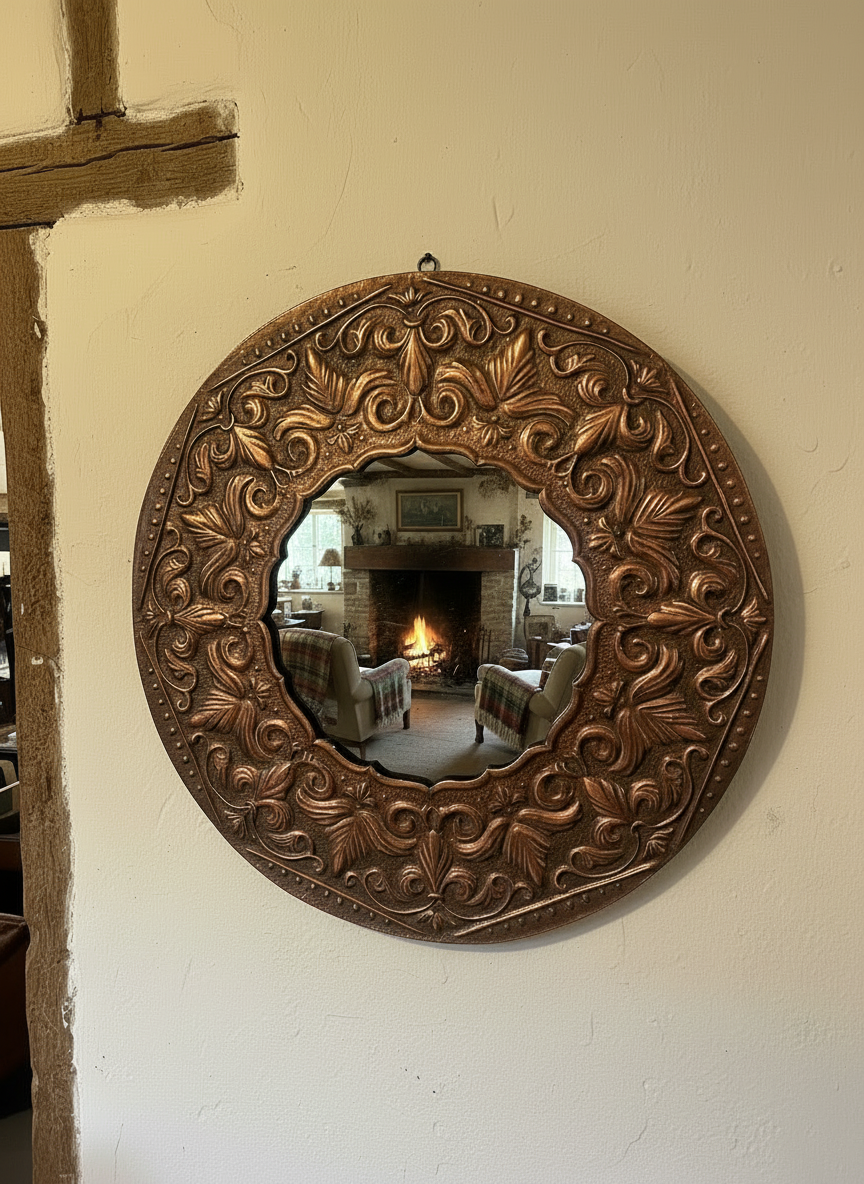 Vintage Copper Arts & Craft Convex Mirror