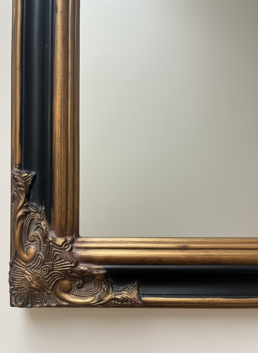 Close-up of an ornate, decorative mirror frame with gold and black details, showing wear and slight damage in the corner.