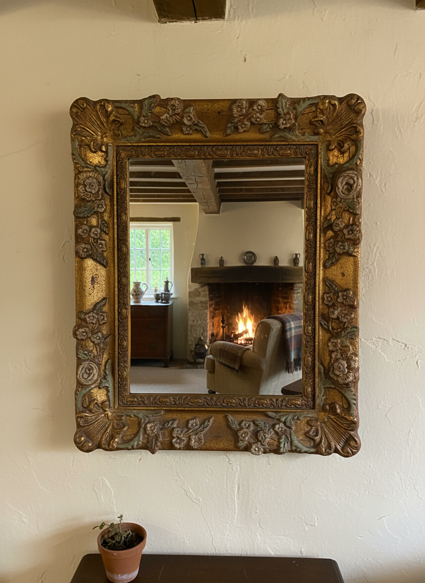 Vintage Gold Gilt Bevelled Mirror with Floral Frame