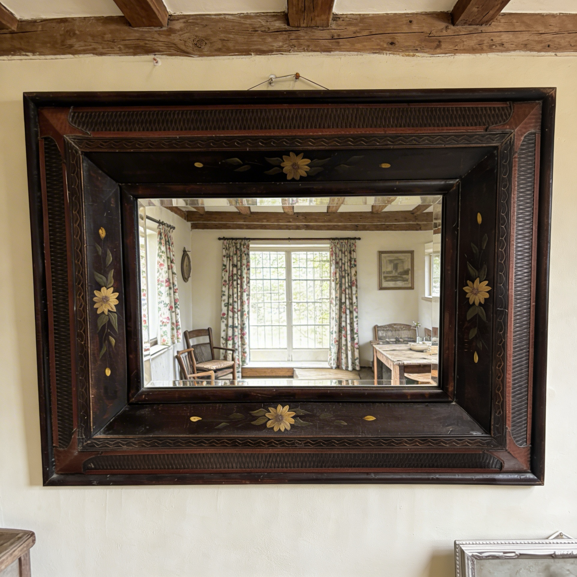Large Vintage Continental Bevelled Mirror with Hand-Painted Floral Frame