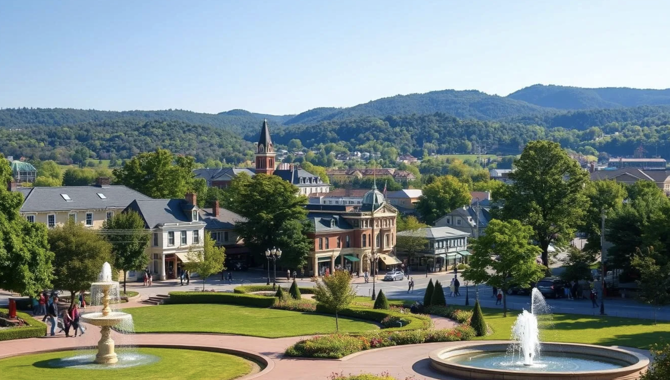 A picturesque small town with historic buildings and a clock tower, surrounded by lush green hills under a clear blue sky. A park with fountains and walking paths is in the foreground.
